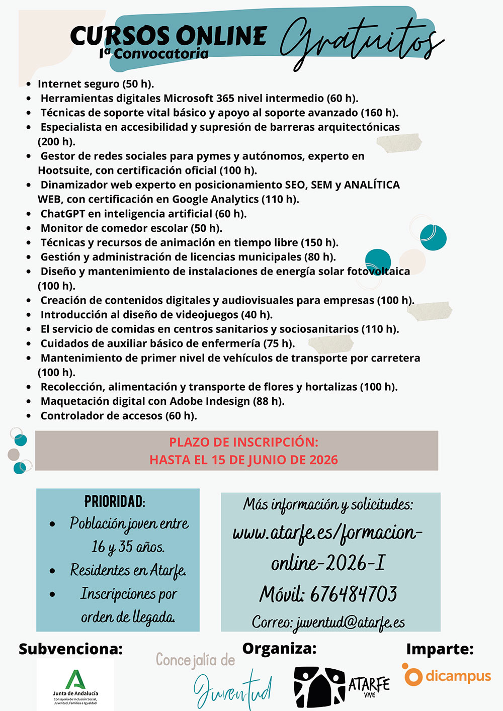 19 cursos gratis para jóvenes de Atarfe: fórmate y abre nuevas puertas